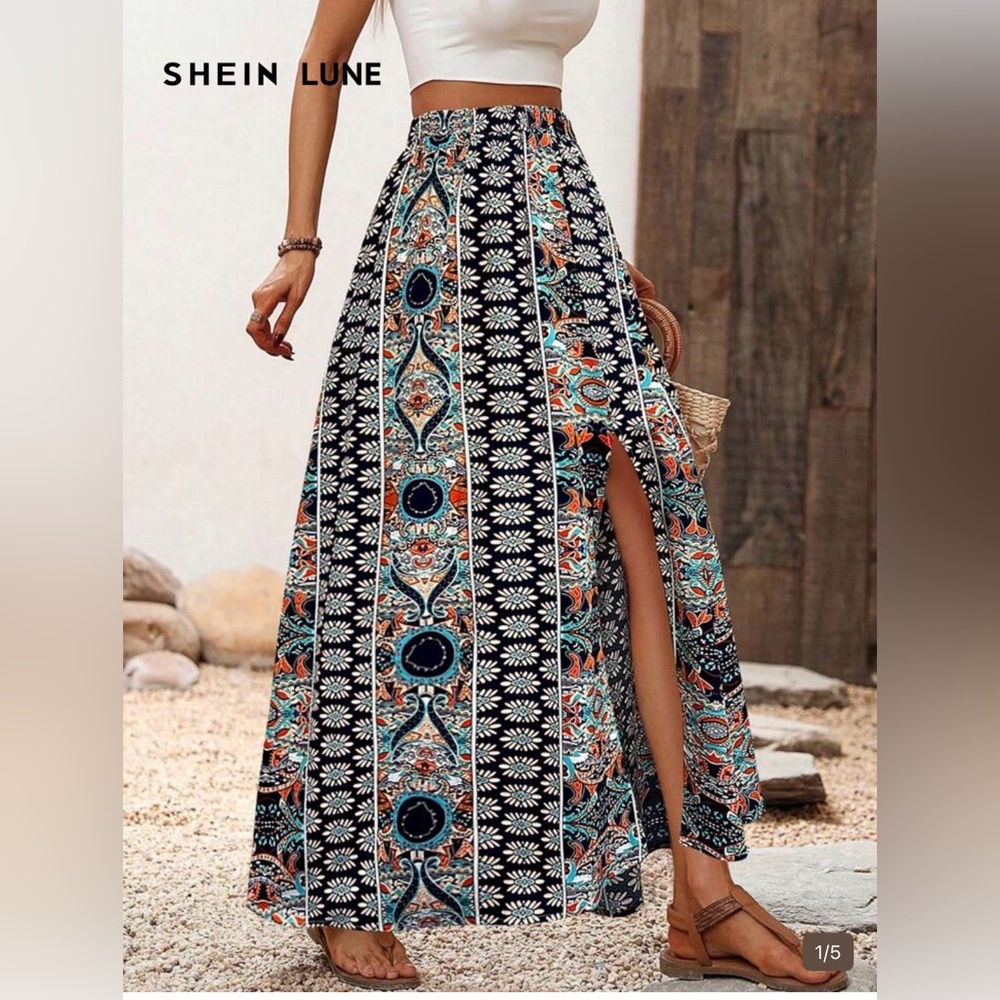 Boho Maxi Skirt in Black Floral Print with Side Slit